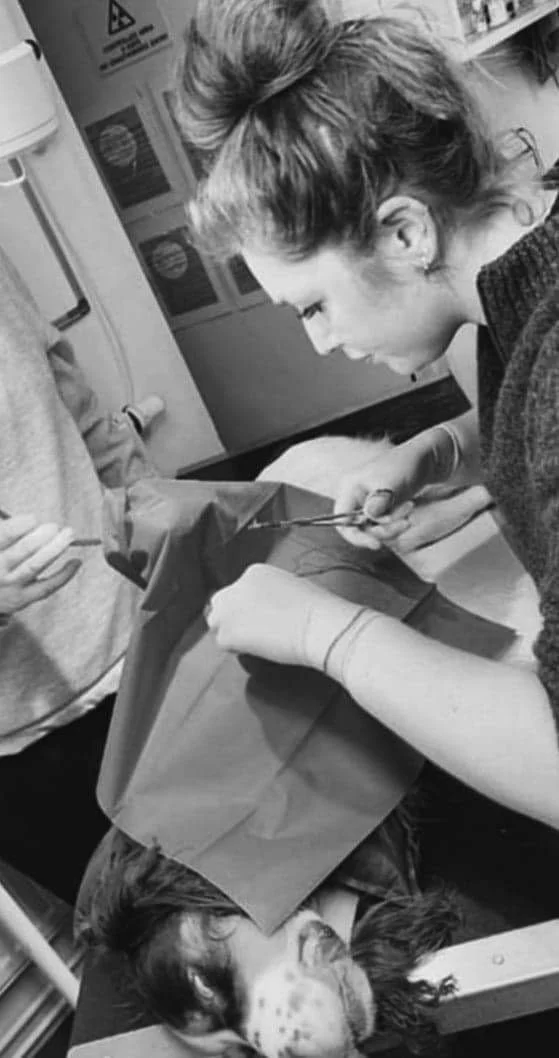 A woman in medical gloves holding a scalpel and performing surgery on a dog, while another person observes. The setting appears to be a veterinary clinic.
