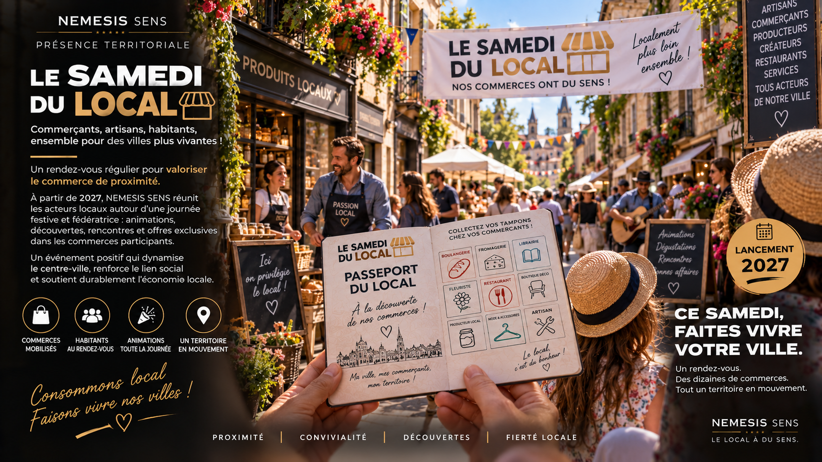 un dépliant promotionnel pour le samedi du local par Nemesis Sens - A partir du Printemps 2027