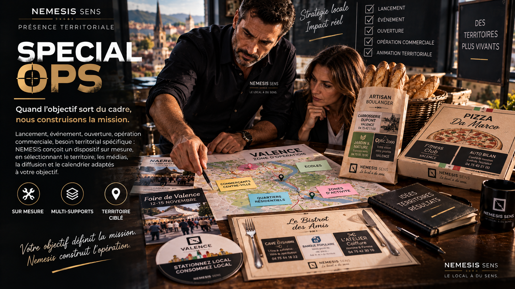 Un OT Nemesis Sens , un client  avec différents supports de communication, une pizza, et des menus, dans un contexte professionnel de planification urbaine.