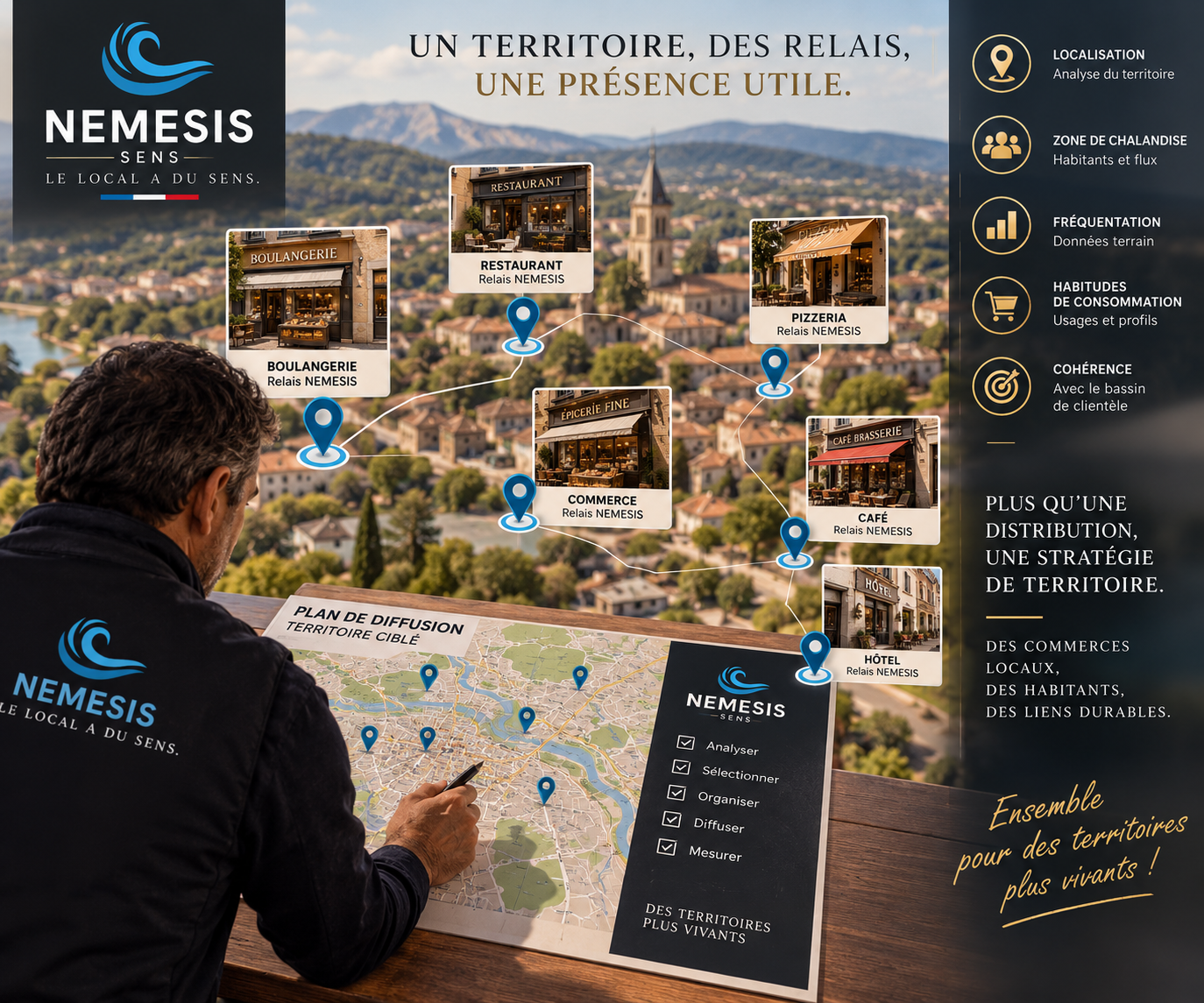 projet territorial  NEMESIS SENS pour analyser, planifier et renforcer la présence locale avec des commerces tels que boulangerie, restaurant, épicerie, pizzeria, café et hôtel