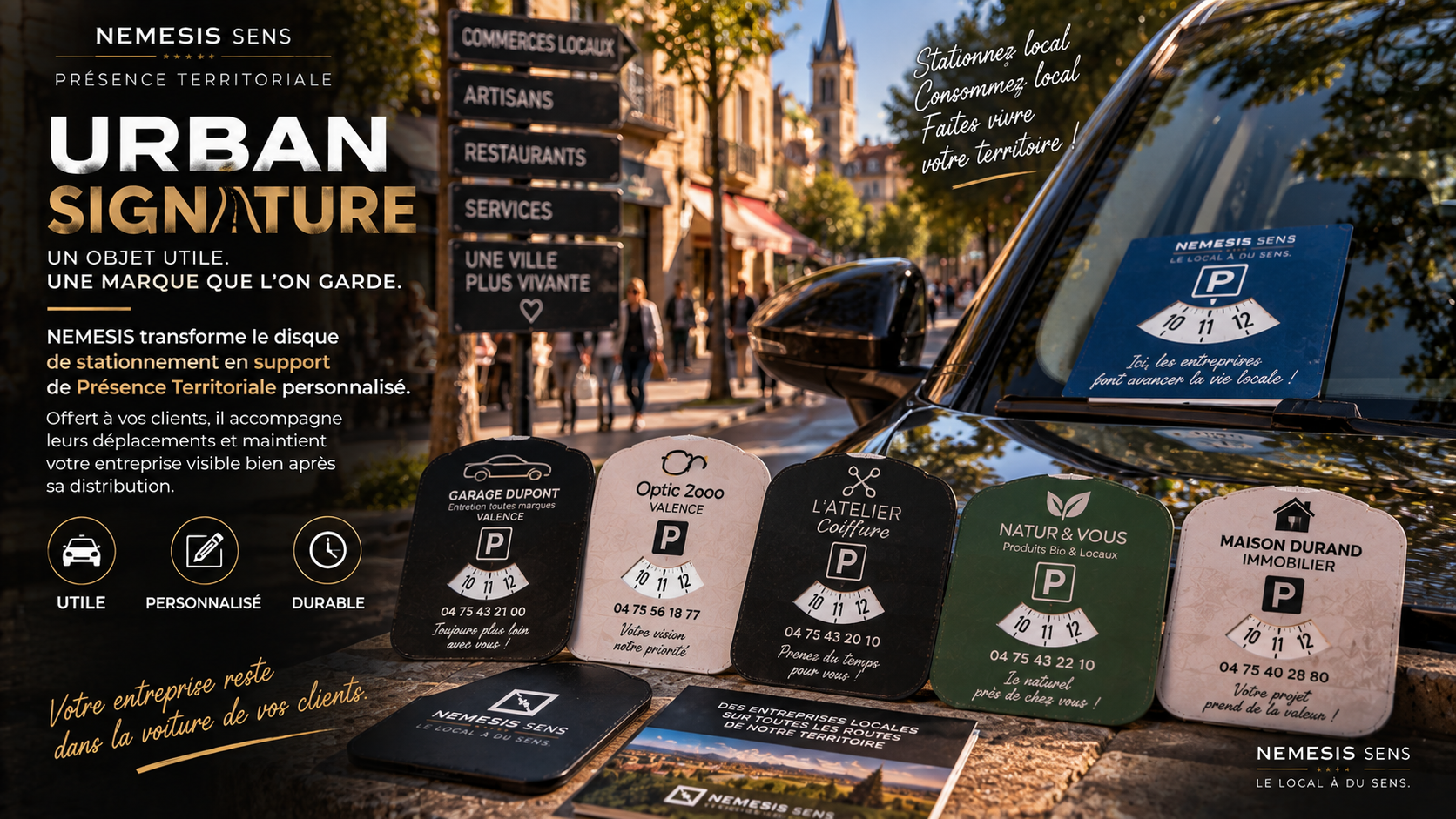 Nemesis Sens présentant la signalisation urbaine personnalisée, avec des panneaux pour différents commerces et services
