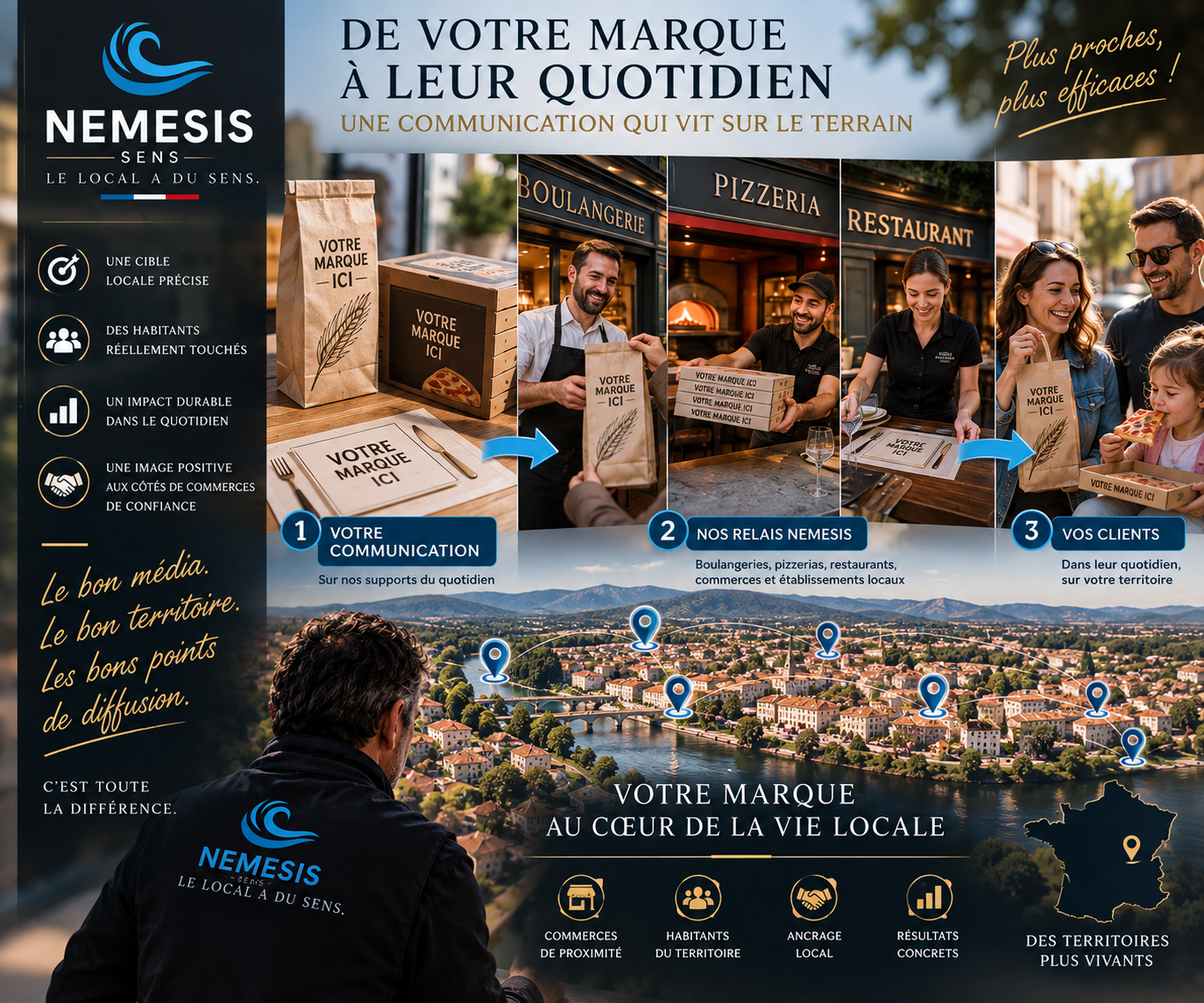 Affiche de promotion pour la marque Nemesis, montrant une démarche de communication locale, avec des images d’un logo, des emballages avec étiquettes, des serveurs dans un restaurant, une famille recevant un repas, et une vue panoramique d’une ville avec des marqueurs pour différents commerces locaux. Inclut du texte en français sur la médiatisation locale et l’impact communautaire.