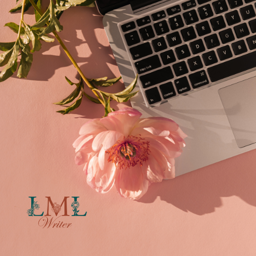 A flat lay of a pink flower, part of a laptop, and a small plant on a pink surface with the text 'LML Writer' in the bottom left corner.