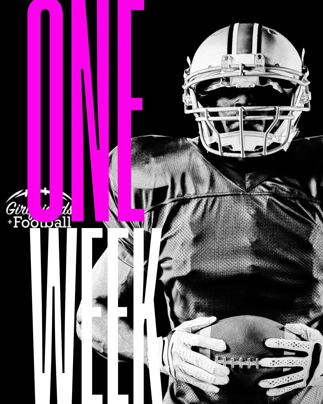 A black and white image of a football player in a helmet holding a football, with the words 'FOOTBALL' written vertically in large pink and white letters.