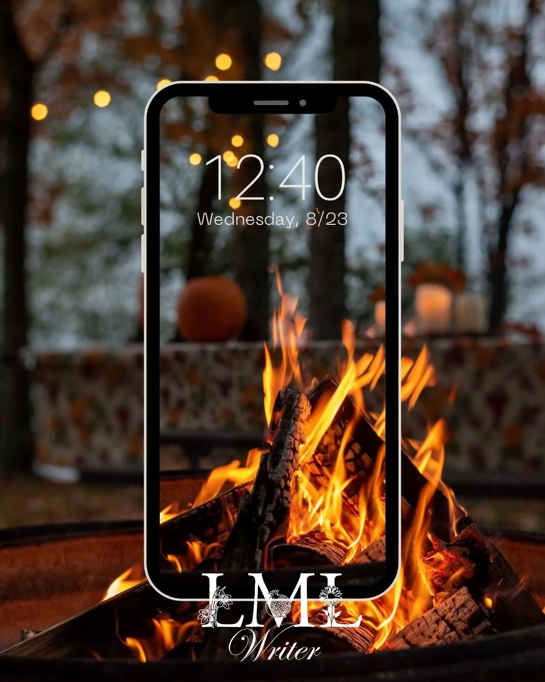 A smartphone displaying the time 12:40 and date Wednesday, 8/23, held over a campfire with burning logs, in an outdoor setting with trees and blurred string lights in the background.