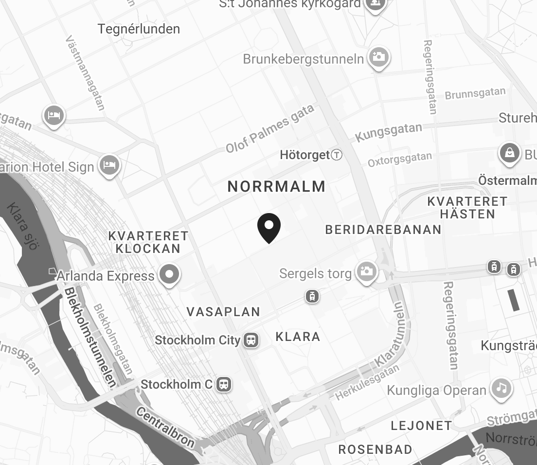 Map of Stockholm, Sweden showing Norrmalm, Vasaplan, Klara, and nearby landmarks and transportation stations.