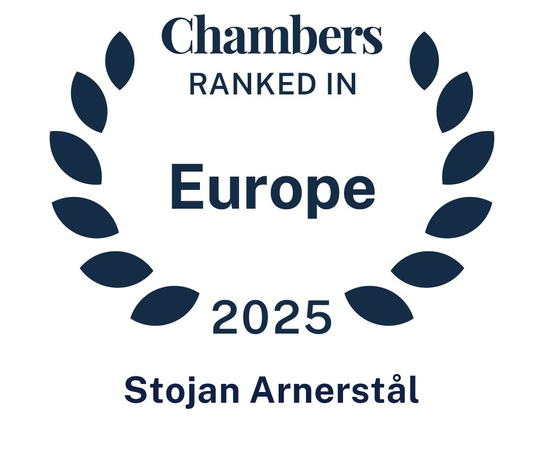 A badge or award graphic with the text "Chambers Ranked in Europe 2025" and the name "Stojan Arnerstål," surrounded by a laurel wreath design.