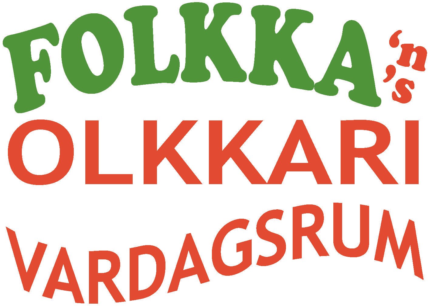 Värikkäitä tekstilogoja, joissa lukee 'FOLKKA'S' yläosassa vihreällä ja 'OLKKARI' keskellä oranssilla, sekä 'VARDAGSrum' oranssilla alhaalla.