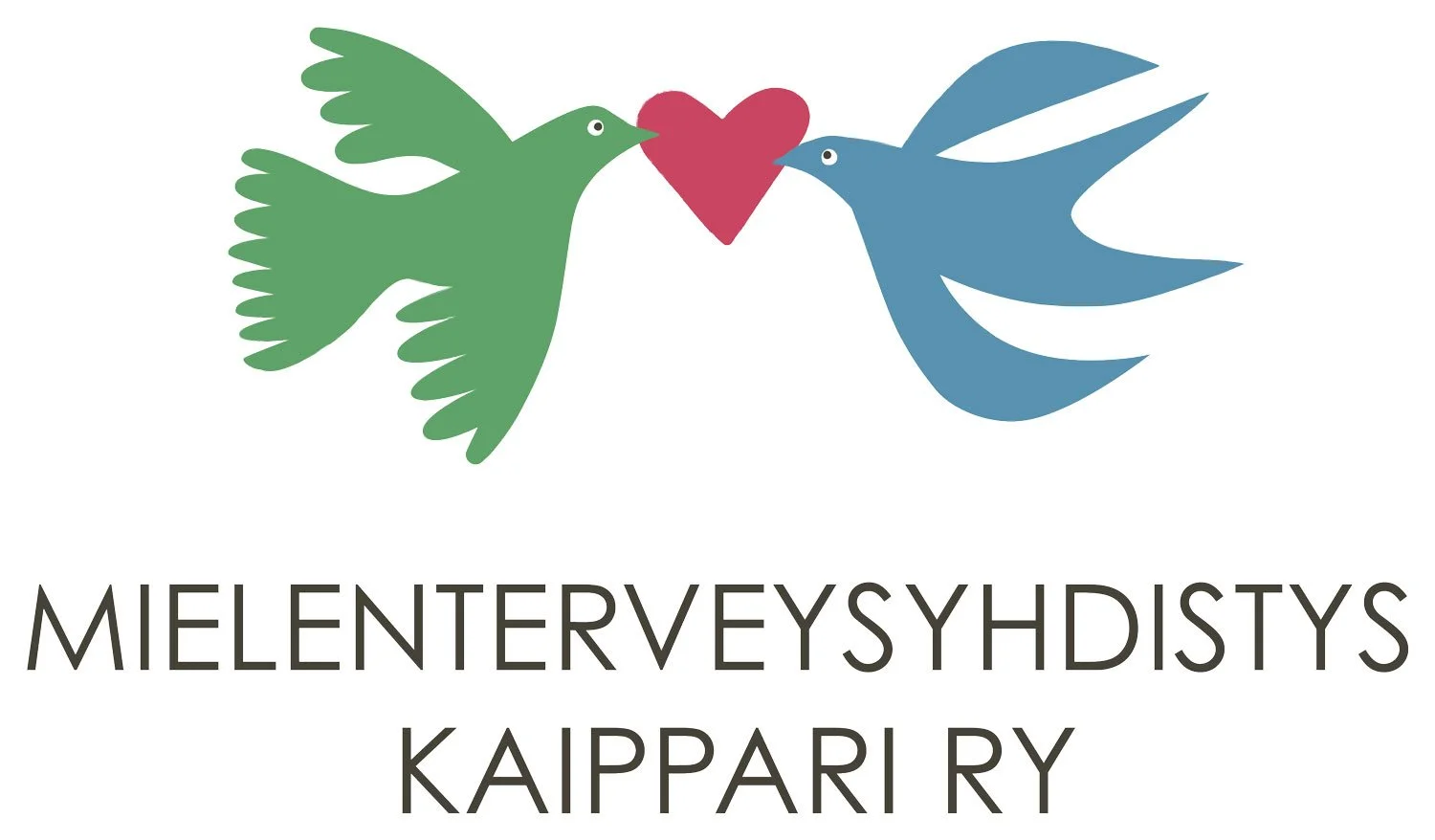 Kuvassa on kaksi lintua, vihreä ja sininen, jotka kosahtavat toistensa nokkiin sydämen muodossa. Alareunassa teksti 'MIELENTERVEYSYHDISTYS KAIPPA RY'.