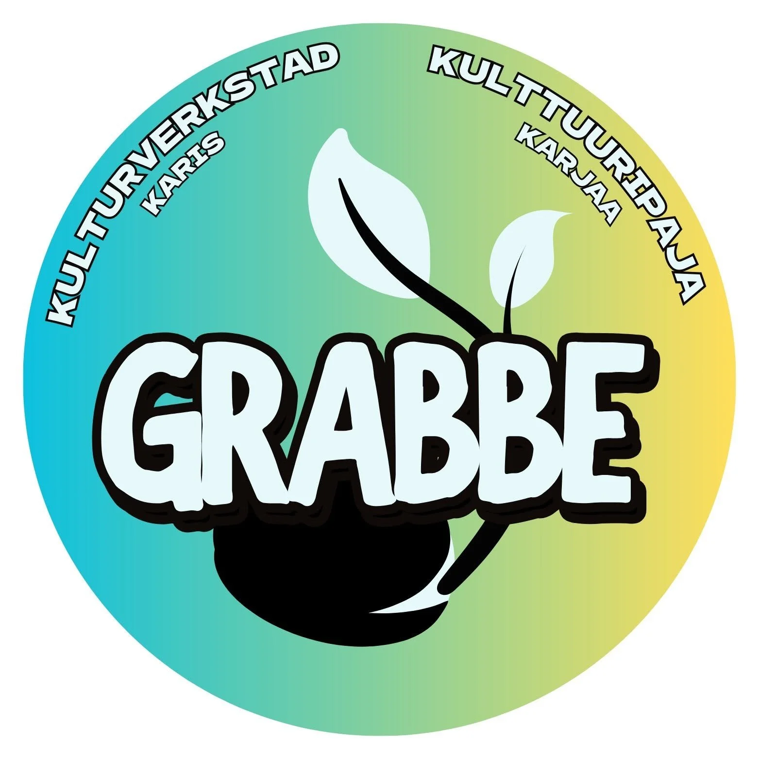 Kuvassa on graaffi ja teksti 'GRAABE'. Graaffi on kasvava kasvi, jossa on kaksi valkoista lehteä ja musta varsi. Taustaväri on värikkäitä siirtymiä vihreästä siniseen ja keltaiseen.