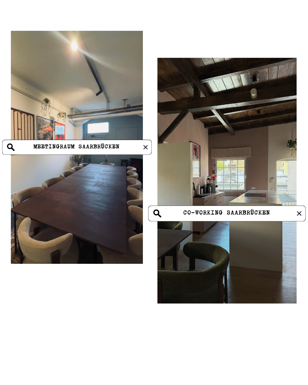 Ein Bild, das einen Meetingraum in Saarbrücken mit einem langen Holztisch und Stühlen sowie einen Co-Working-Bereich mit Küchenzeile und Fenster zeigt, beides in einer harmonischen, modernen Einrichtung.