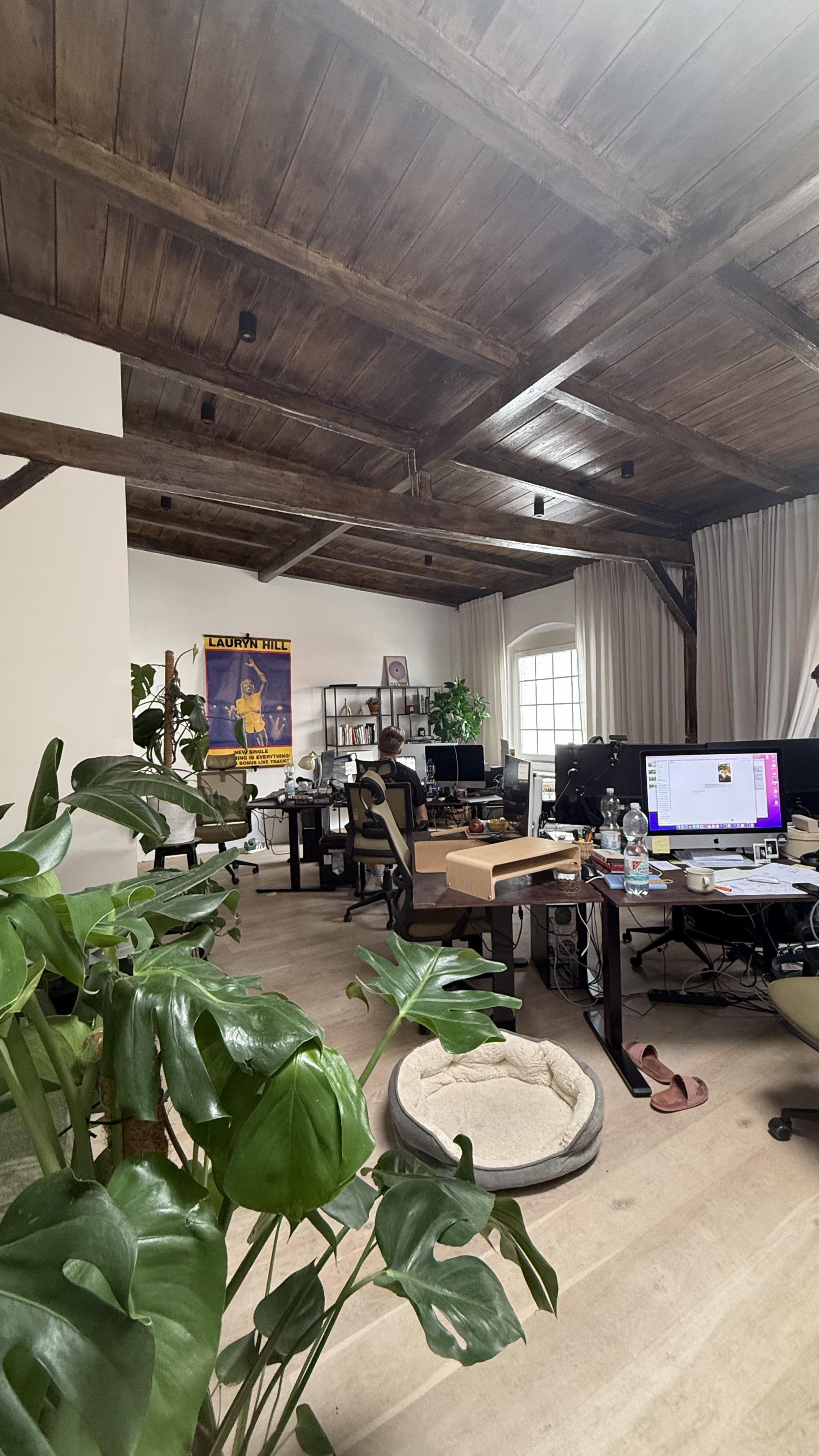 Ein Büro mit mehreren Tischen, Computern, Pflanzen und einer Person, die an einem Schreibtisch arbeitet, in einem Raum mit Holzbalkendecke und großen Fenstern.
