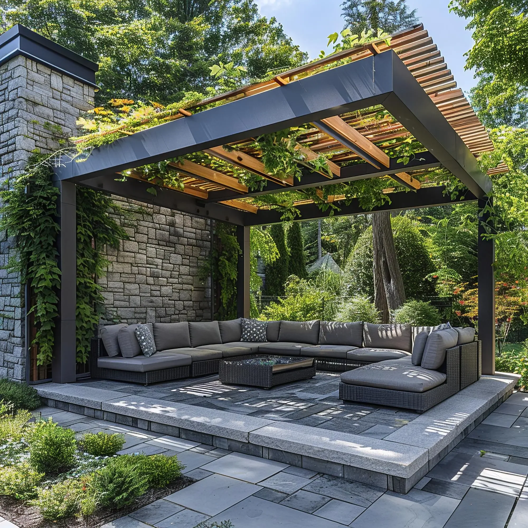 An outdoor patio featuring a curved sectional sofa with cushions and throw pillows, a stone patio skirt, and a pergola draped with climbing plants, set against a backdrop of lush green trees and a stone wall.