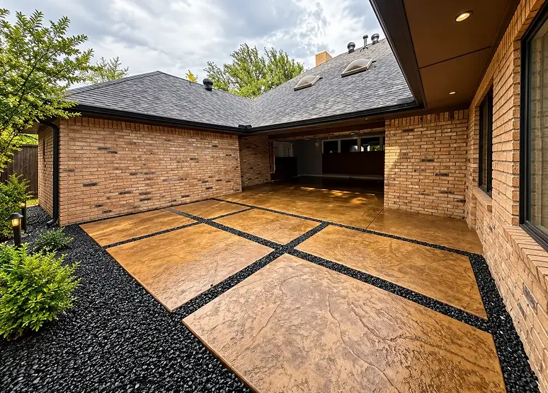 Backyard patio with large stamped concrete tiles surrounded by black gravel, brick house walls, green trees, and cloudy sky.