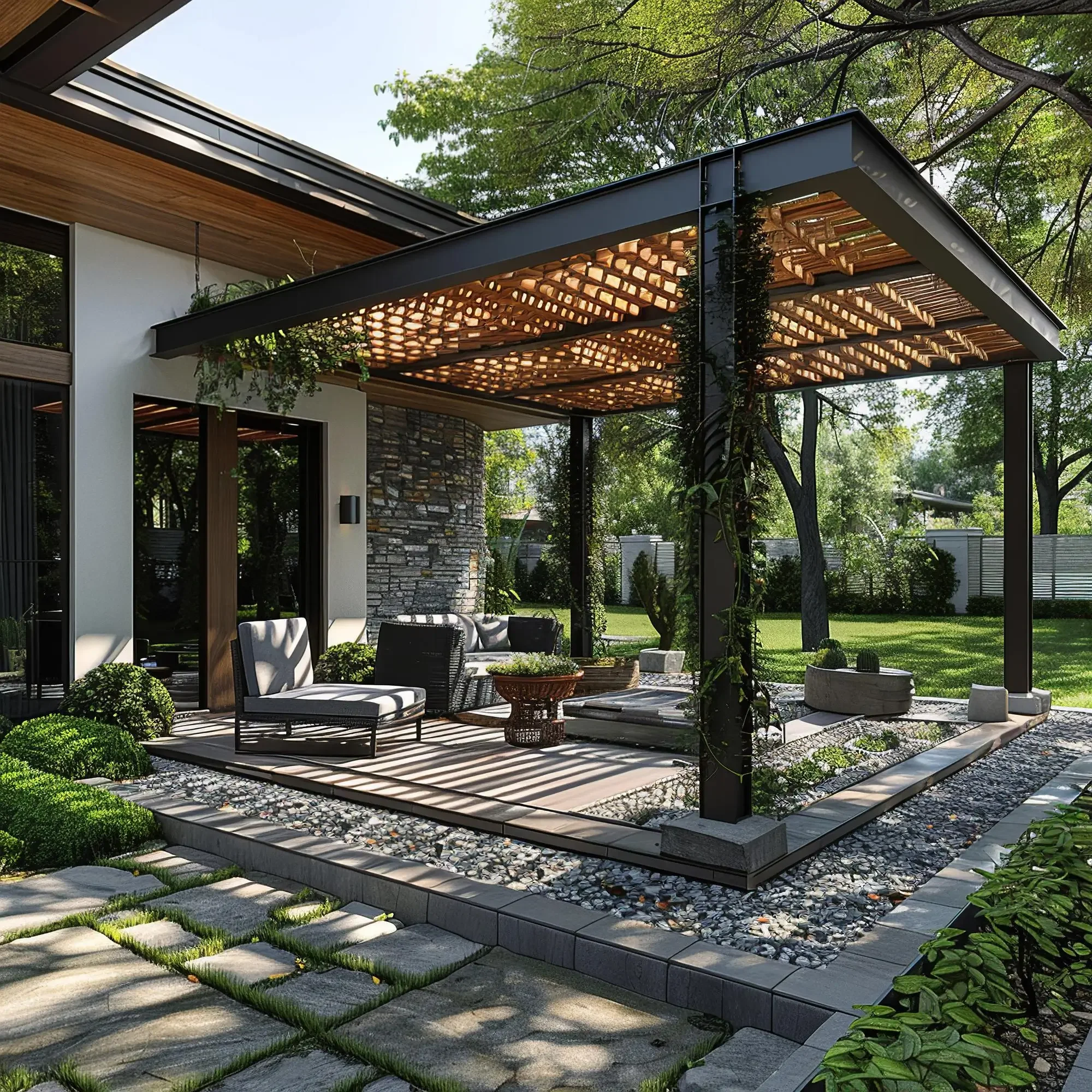 Modern house exterior with outdoor seating area, pergola with wooden lattice, surrounded by green plants and trees, grassy yard, and stone pathway.