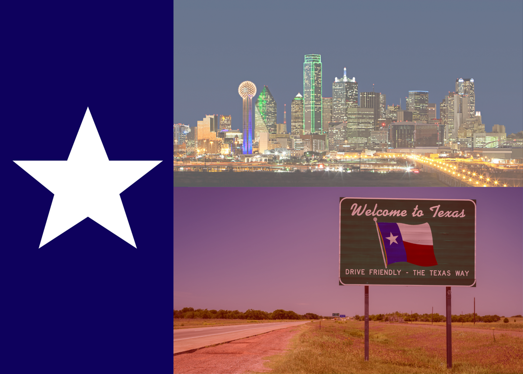 Nighttime view of Dallas, Texas skyline with illuminated buildings and a large ball-shaped tower, with a road and a sign reading "Welcome to Texas" in the foreground.