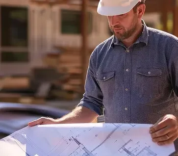 A man wearing a white hard hat and dark blue shirt examining a blueprint outdoors.