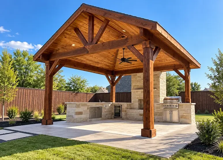 Outdoor kitchen with a wooden pavilion roof, built-in grill, counter space, and ceiling fan in a backyard with grass and trees.