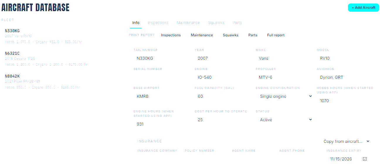 Aircraft database webpage displaying detailed information for three aircraft models, including tail numbers, make, model, year, engine type, fuel capacity, base airport, engine hours, and insurance details.