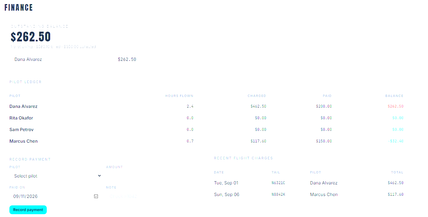 Screenshot of a flight expense report showing a total charge of $262.50, paid amounts, balance, pilot details, hours flown, and recent flight charges.