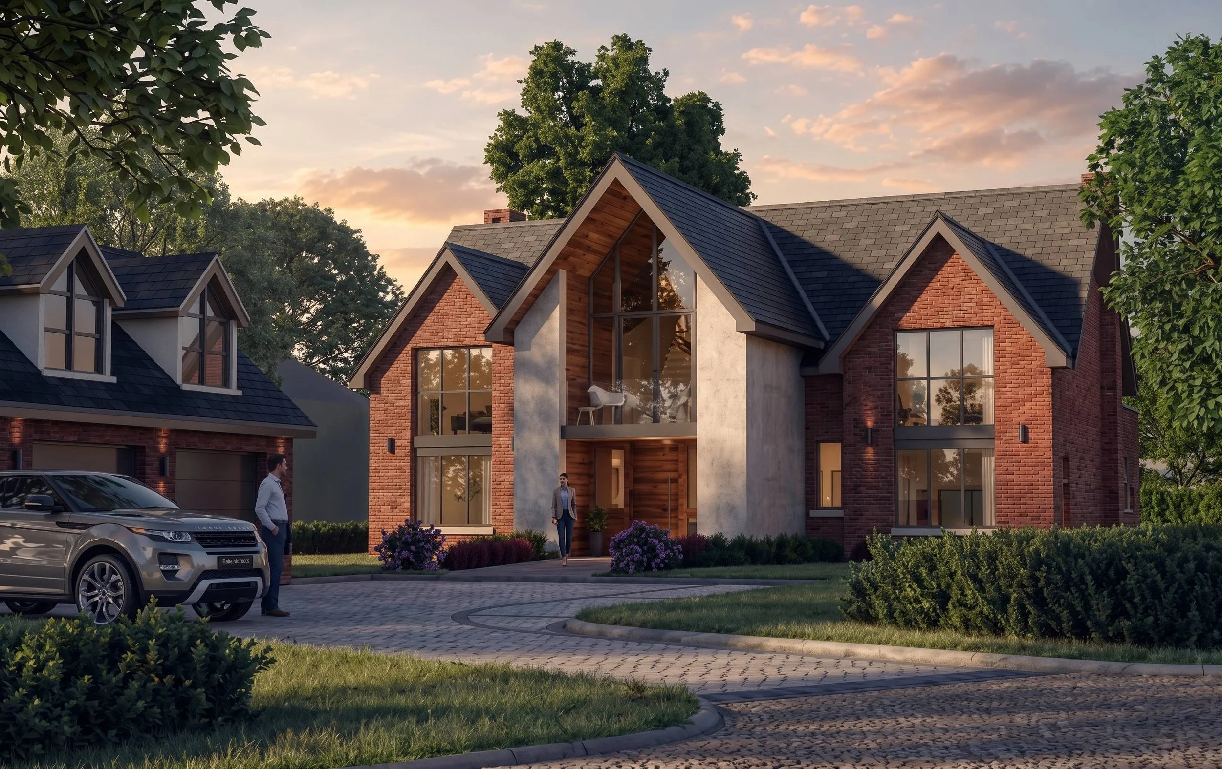 Modern brick house with large windows, a glass front door, and a sloped roof, surrounded by trees and a landscaped lawn, during sunset.