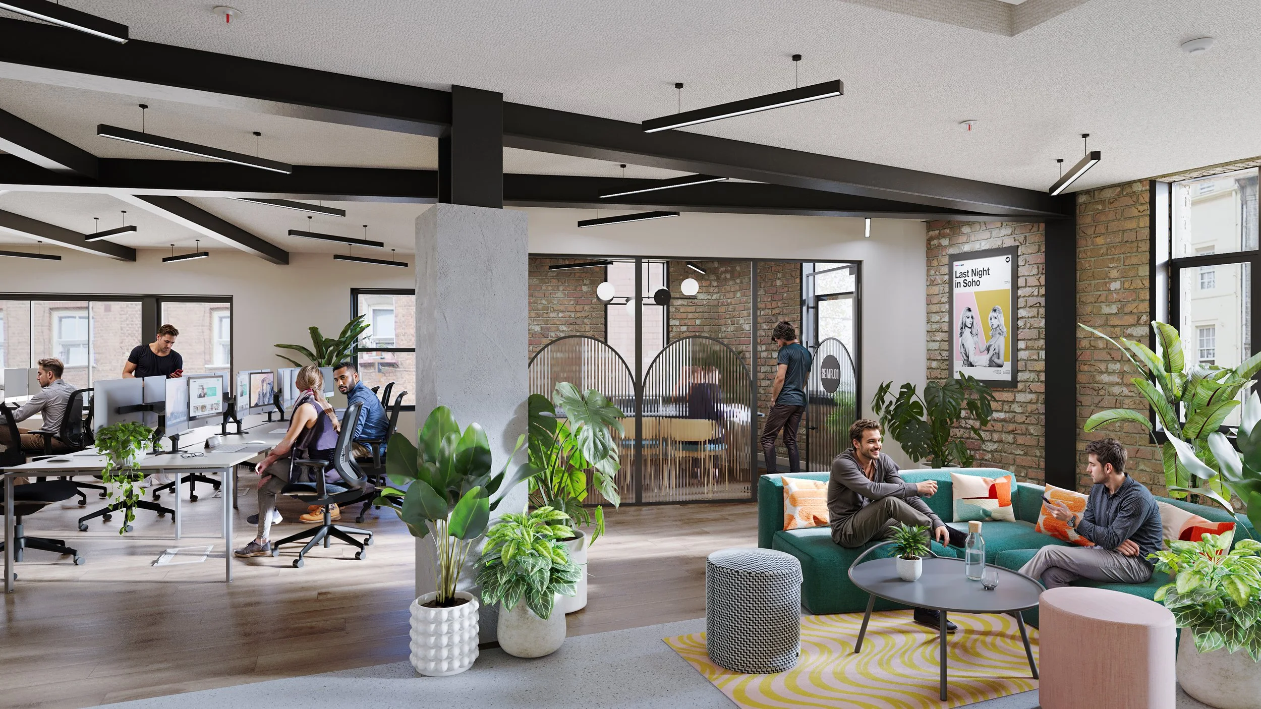 Modern coworking office with people working at desks, sitting on sofas, and chatting, surrounded by plants, large windows, and brick walls.
