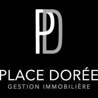 Logo for Place Dorée, a real estate management company, with initials 'P' and 'D' on a black background.
