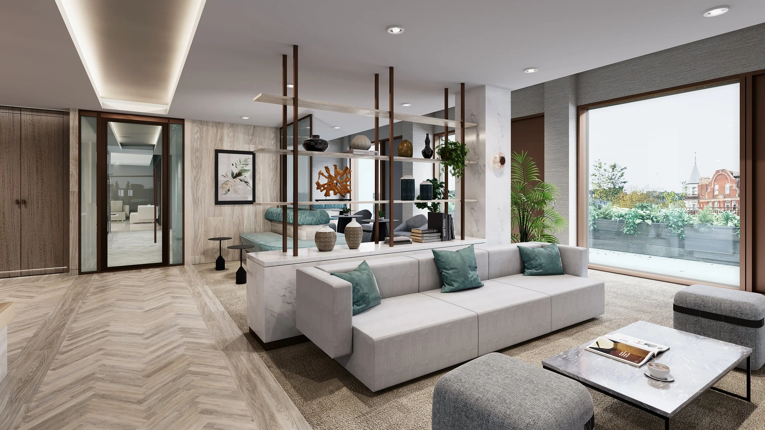 Modern living room with large windows, light-colored sofa with teal pillows, marble coffee table, open shelving with decorative items, and indoor plants.