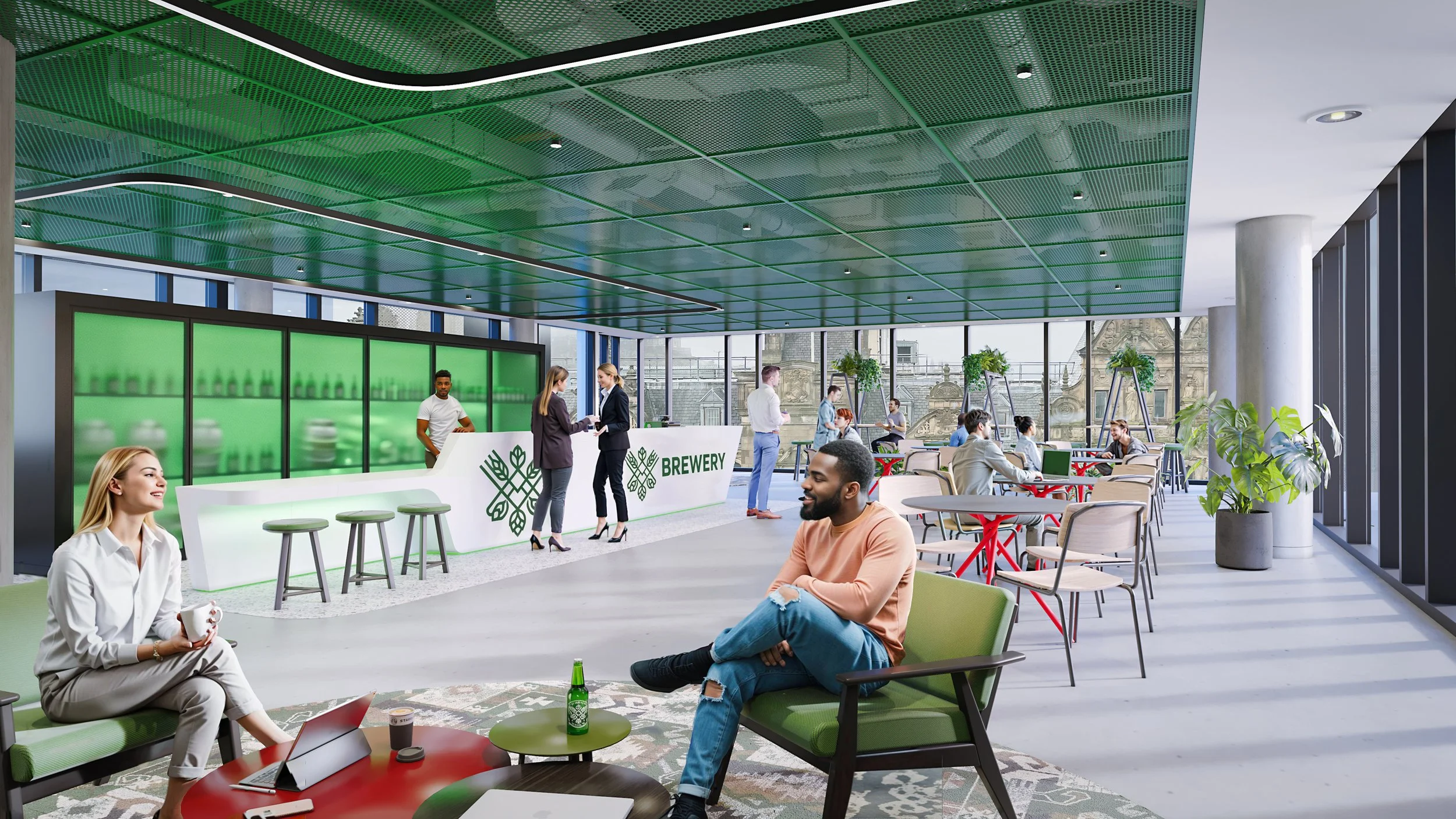 Modern brewery or beer hall interior with people socializing and working. Bright space with large windows, green ceiling panels, and plenty of seating areas. Bar area labeled 'BREWERY' with staff serving drinks.