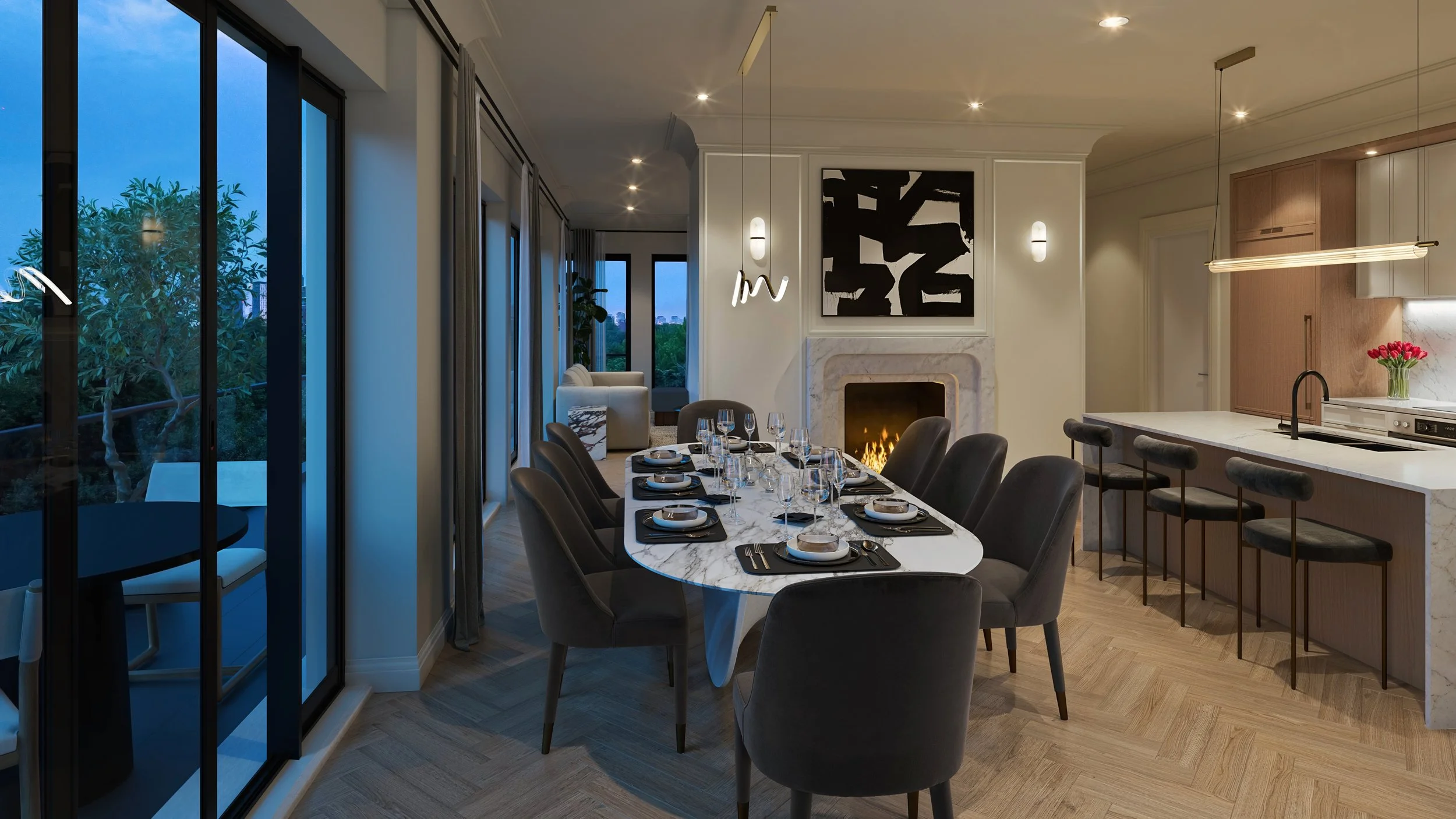 Modern dining room with a marble-topped table set for dinner, surrounded by dark upholstered chairs, next to a fireplace and artwork, with large glass sliding doors leading to an outdoor space