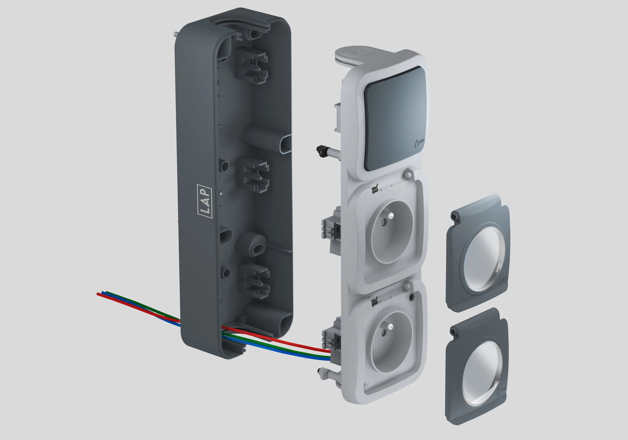 Disassembled electronic device showing internal components including a grey outer shell, white inner frame, circuit board, and wires.