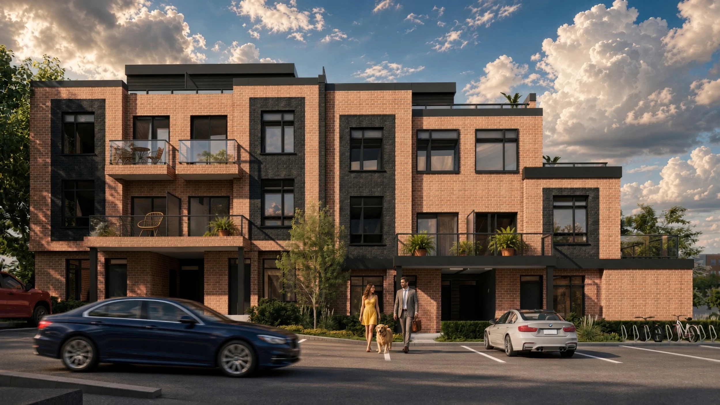 Modern brick apartment building with balconies, trees, and parked cars in front, with a man and woman walking dogs in the foreground under a partly cloudy sky at sunset.