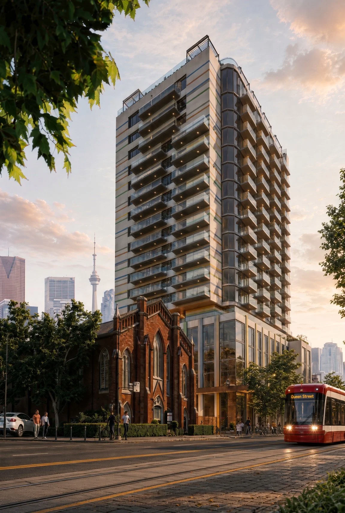 A modern high-rise building with glass balconies during sunset, a historic church in the foreground, a city skyline with a tower in the background, and a red bus on the street.