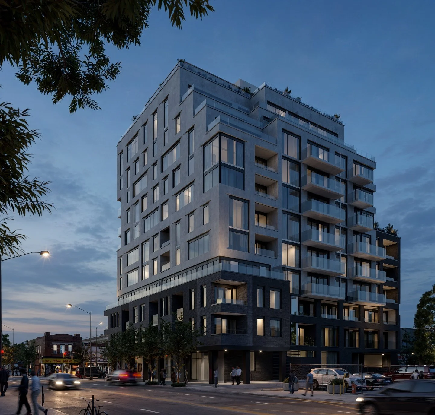 Modern multi-story residential building with large windows and balconies on a city street at dusk, with pedestrians, cars, and streetlights.