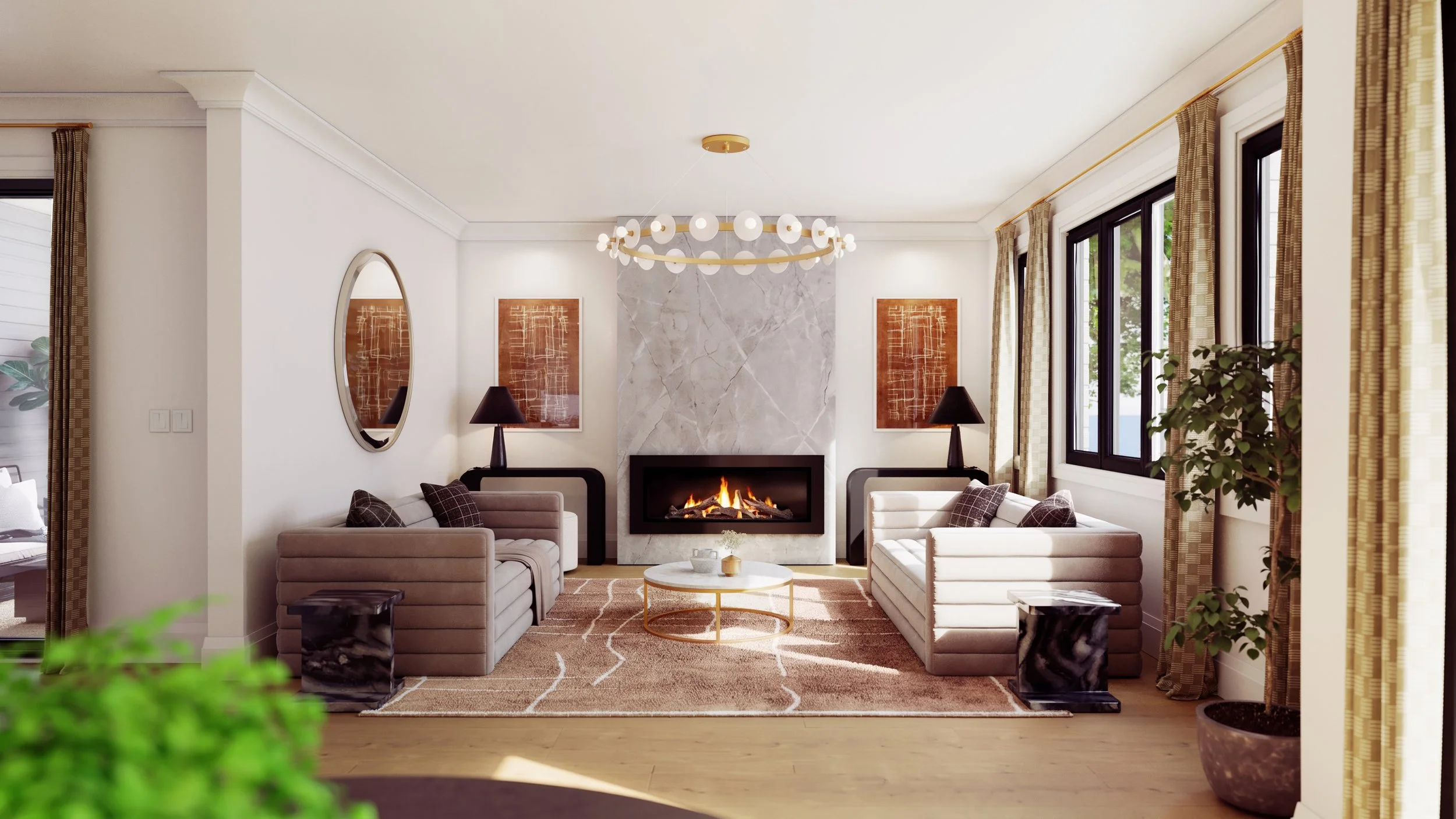 Living room with a fireplace, two beige sofas, black lamps, abstract wall art, large windows with curtains, and a chandelier.