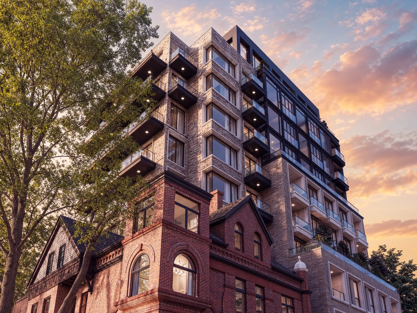 A mixed-use building combining brick traditional architecture at the bottom and modern glass-and-concrete construction at the top, with a tree in the foreground and a sunset sky with pink clouds in the background.