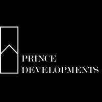 Logo with an abstract building outline and the words "Prince Developments" in white on a black background.