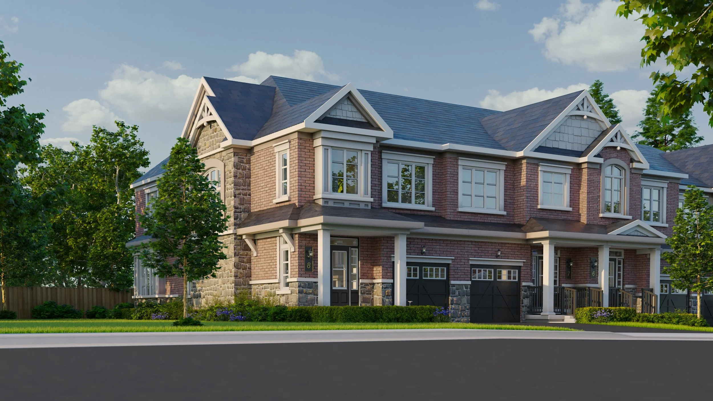 A modern multi-story brick house with stone accents, large windows, and a dark shingled roof, surrounded by green trees and a manicured lawn.