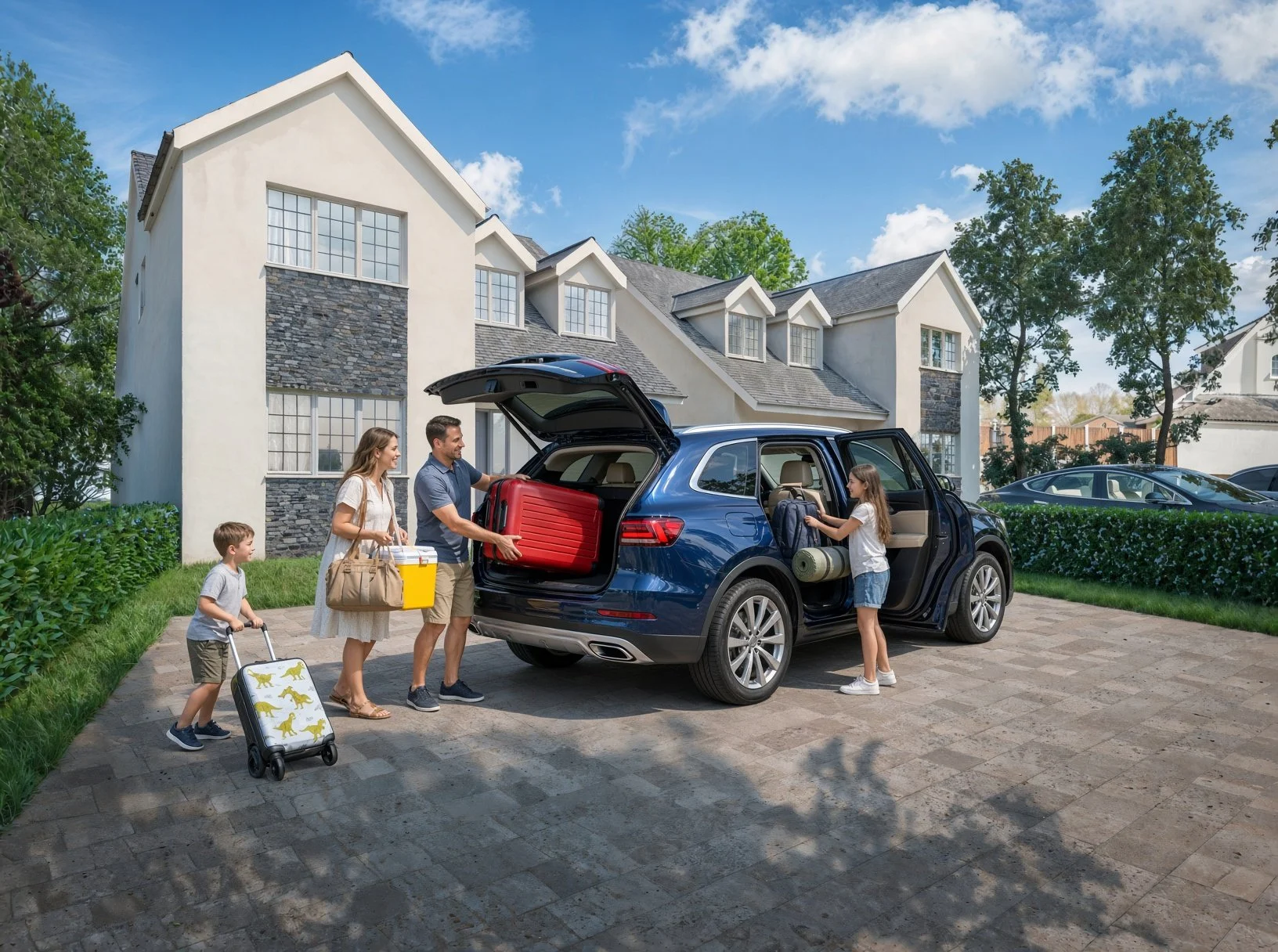 Family loading and unloading their car in front of a modern house on a sunny day.