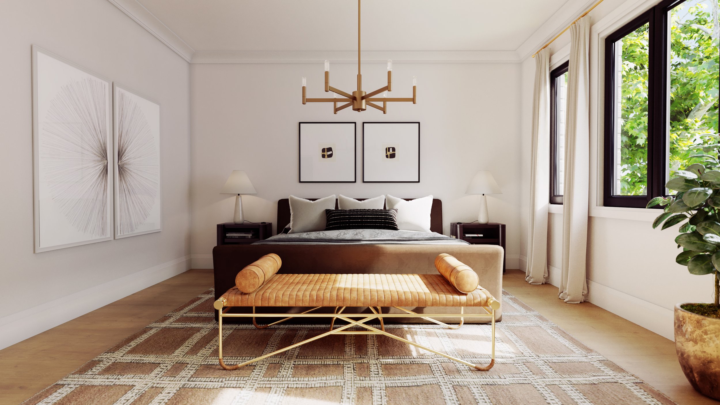A cozy bedroom with a bed, two nightstands with lamps, and artwork on the walls. There are large windows with curtains and a view of green foliage outside. The room has a beige color palette and wooden flooring.