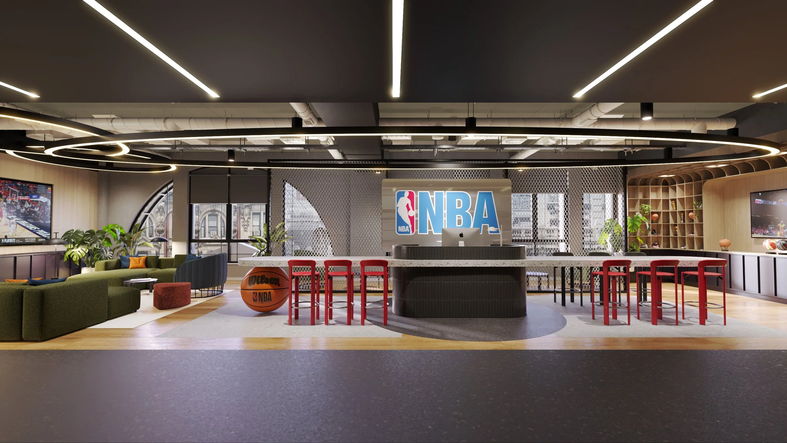 Modern NBA lounge area with seating, a reception desk, flat-screen TVs, and basketball decor.