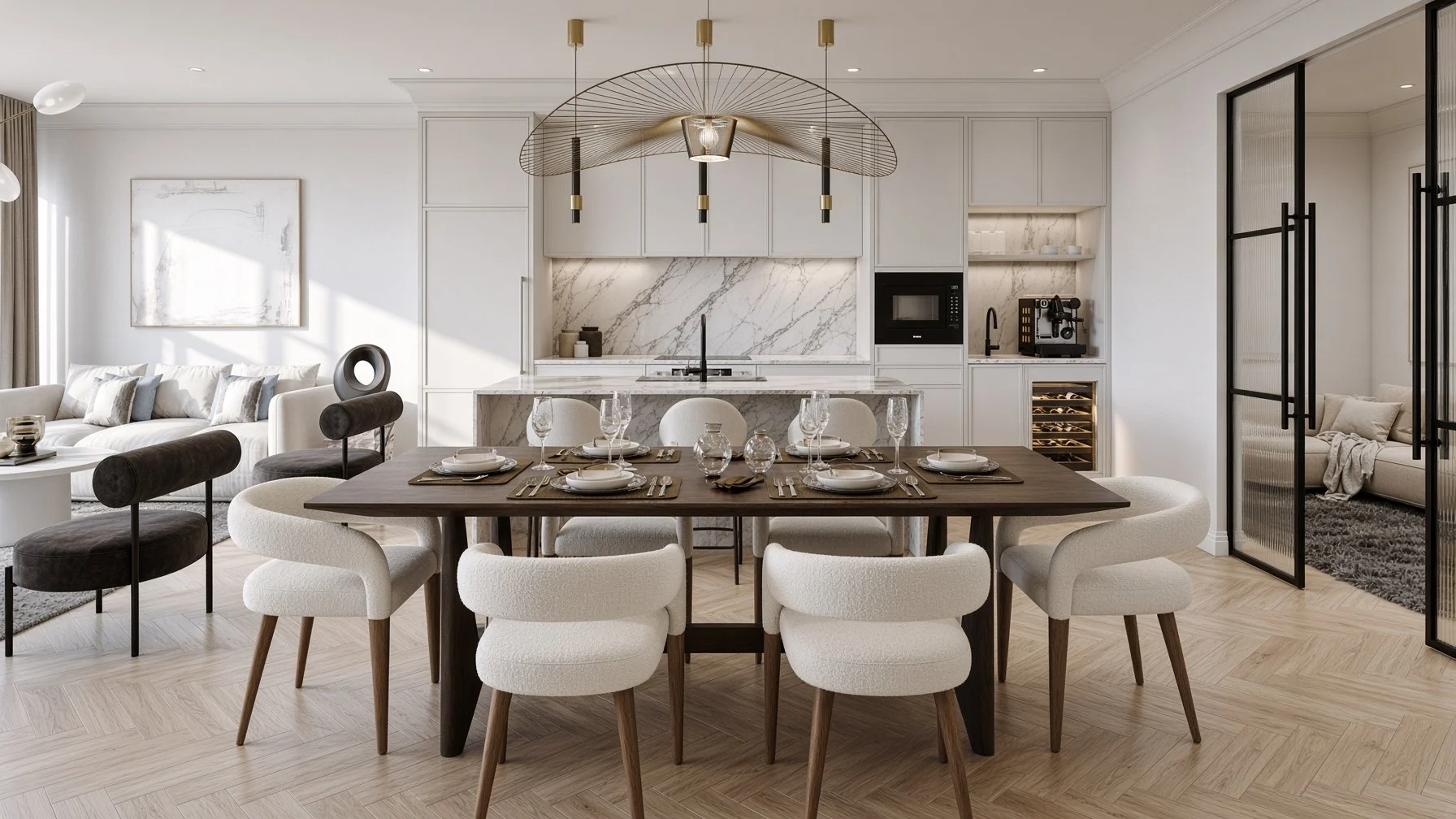 Modern open-concept living and dining area with white walls, light wood floors, a dark wood dining table set with white dishes, glasses, and cutlery, beige and dark gray armchairs, a white sofa with throw pillows, and a sleek kitchen with marble backsplash, white cabinetry, and built-in appliances, separated by black-framed glass sliding doors.