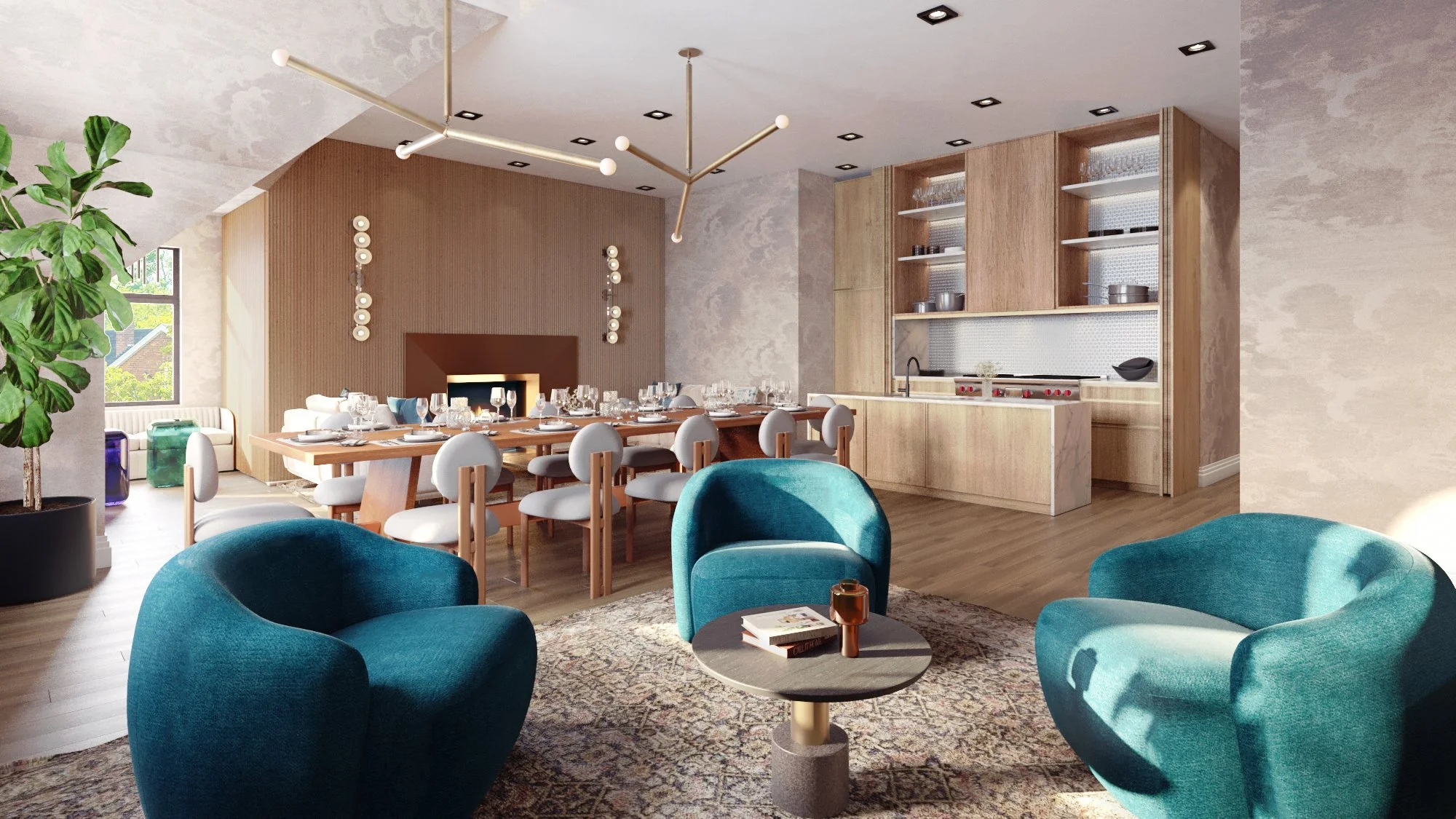 Modern dining and living room with a long wooden table set for a meal, surrounded by white chairs, and a seating area with teal armchairs around a small round table. The room features wood paneling, built-in shelves, a fireplace, and contemporary lighting fixtures, with a large window letting in natural light.