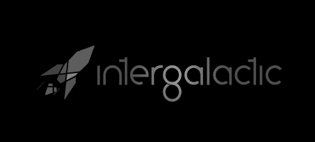 The intergalactic logo with a stylized rocket and the word 'intergalactic' in gray on a black background.
