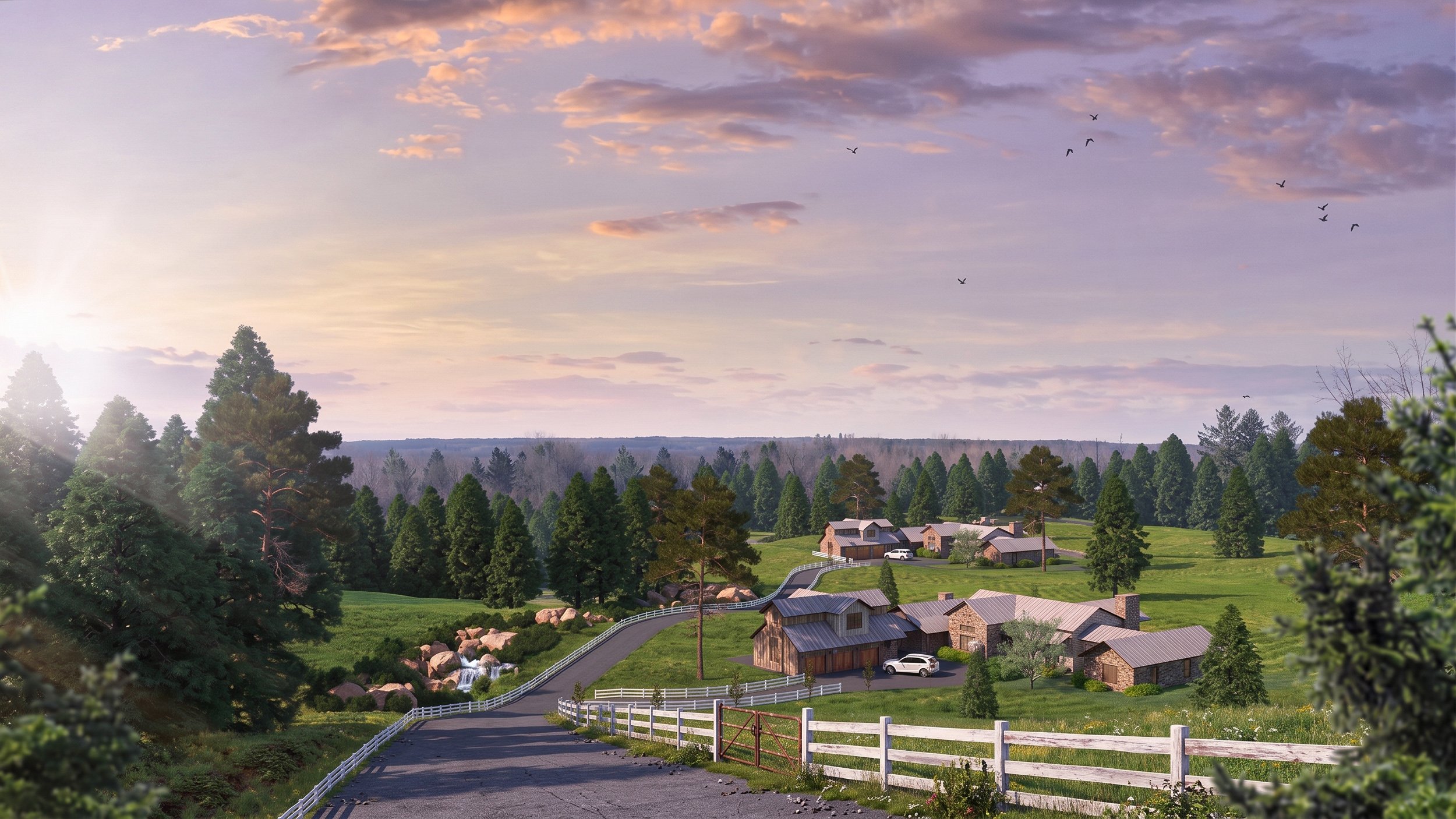 A peaceful rural scene with houses, trees, and a small waterfall, under a partly cloudy sky with the sun setting or rising.