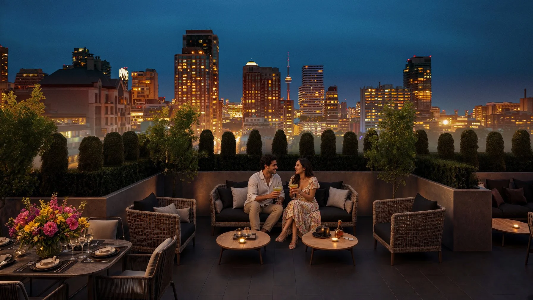 A couple enjoying drinks on a rooftop terrace at night with a city skyline in the background, featuring illuminated skyscrapers and the CN Tower.