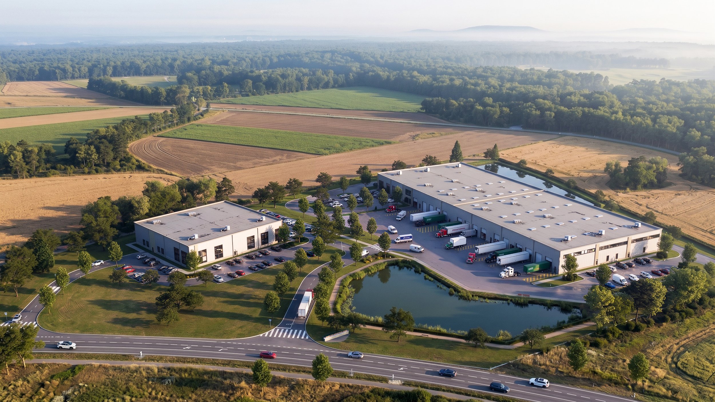 An aerial view of a commercial warehouse building with trucks parked outside, surrounded by a parking lot, a pond, and trees, with farmland and forests in the background.