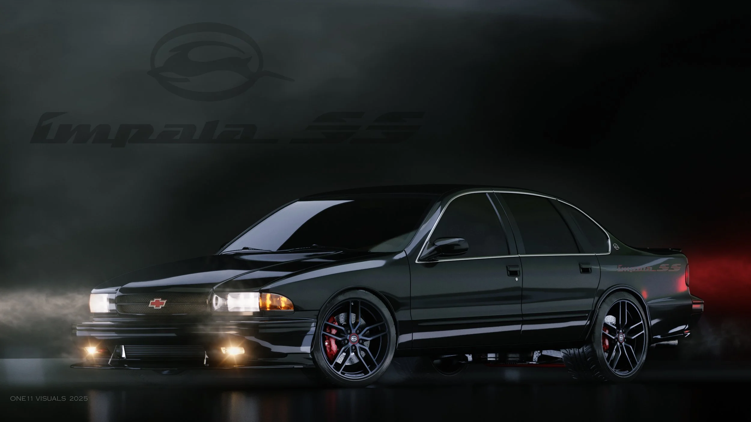 A black Chevrolet race car with red brake calipers and wheels, illuminated headlights, and Tamiya logo on the windshield, set against a foggy dark background with faint Chevrolet Emblem and 'Impala SS' text