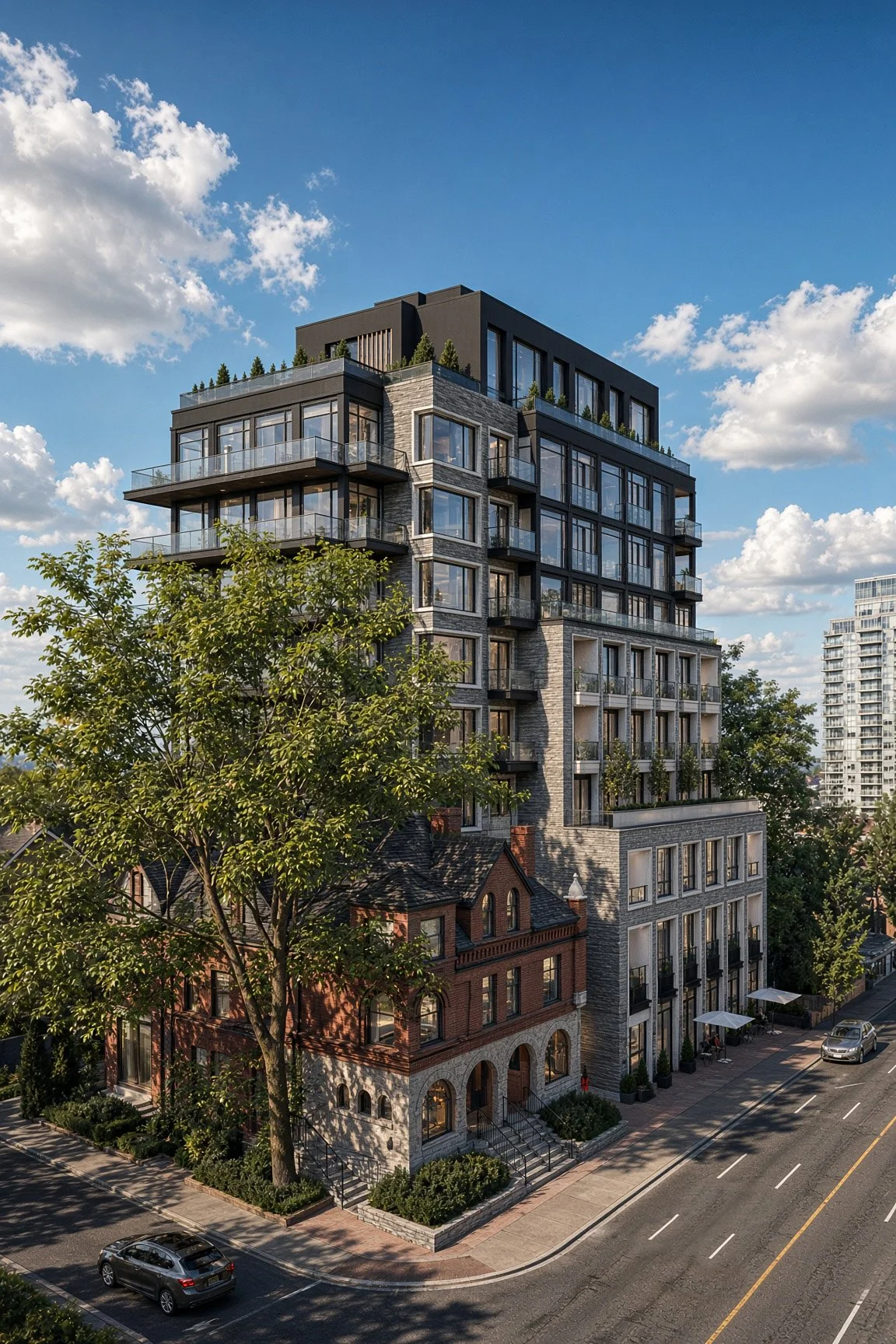 A modern multi-story apartment building with large glass windows and balconies, situated in an urban area with trees and vehicles on the street.