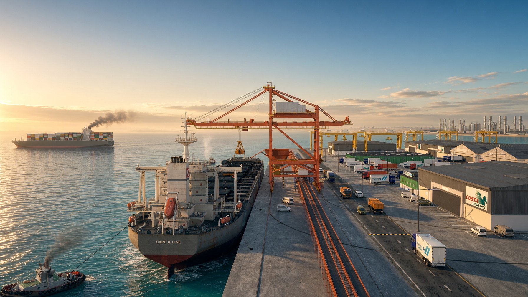 A busy container port during sunset with a cargo ship labeled 'Cape K Line' docked and connected to a large orange crane for loading and unloading containers. Several trucks and warehouses are visible on the dock, and a large container ship is sailing in the background on calm water. The skyline of a city with high-rise buildings is seen in the distance.